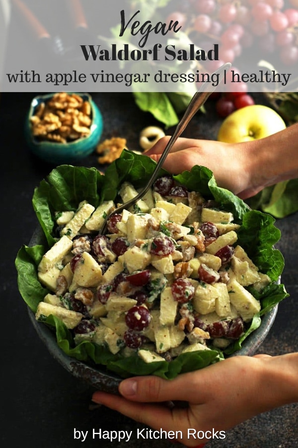 Healthy Vegan Waldorf Salad Recipe Served with a Fork Collage with Text Overlay