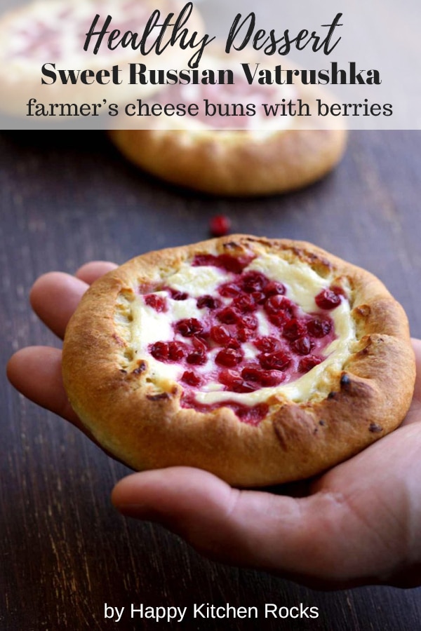 Vatrushka: Sweet Russian Farmer's Cheese Buns with Berries - Holding in Hand Collage with Text Overlay