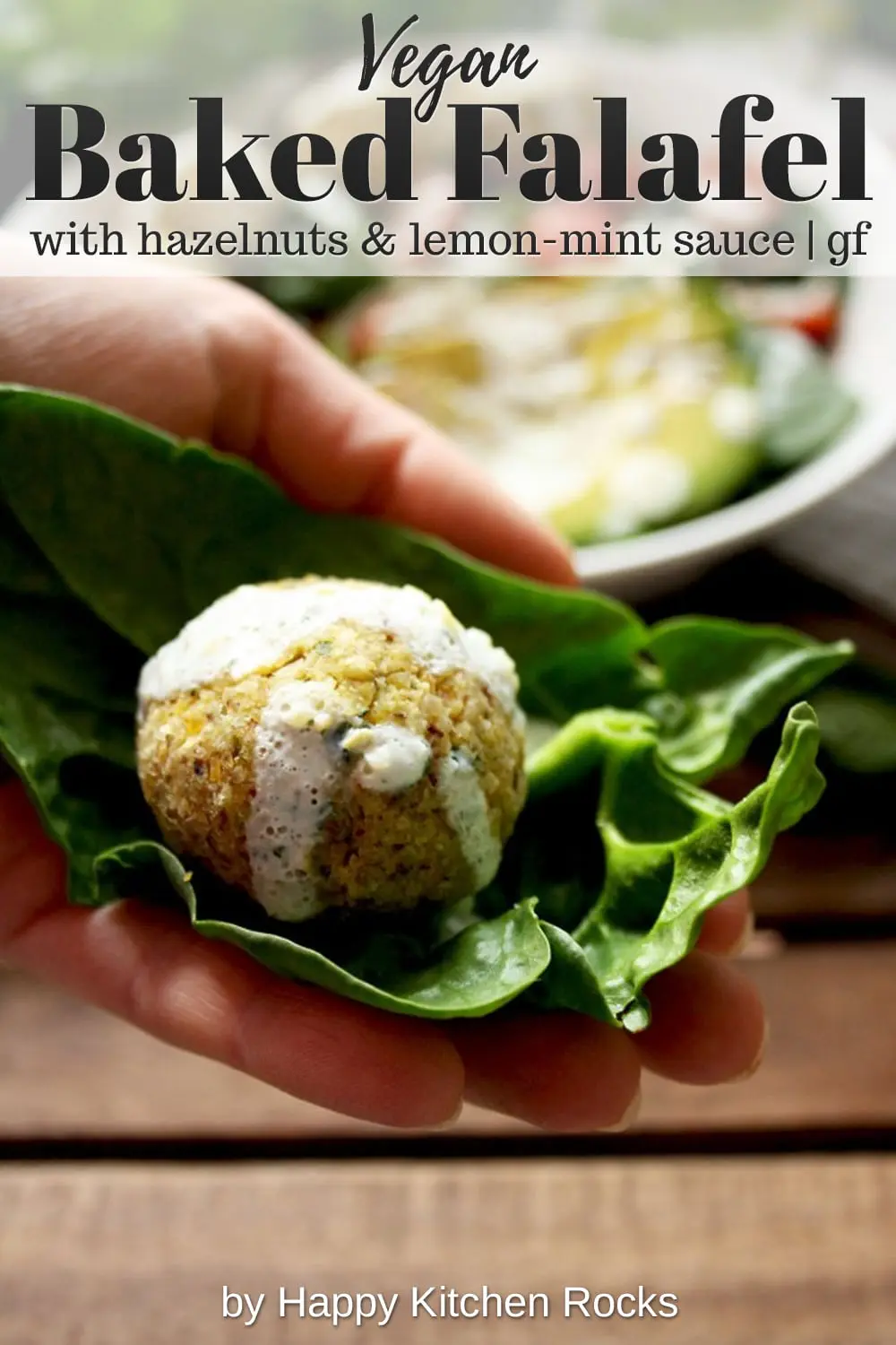 Crispy Baked Falafel with Hazelnuts and Creamy Lemon-Mint Sauce Hand Collage with Text Overlay
