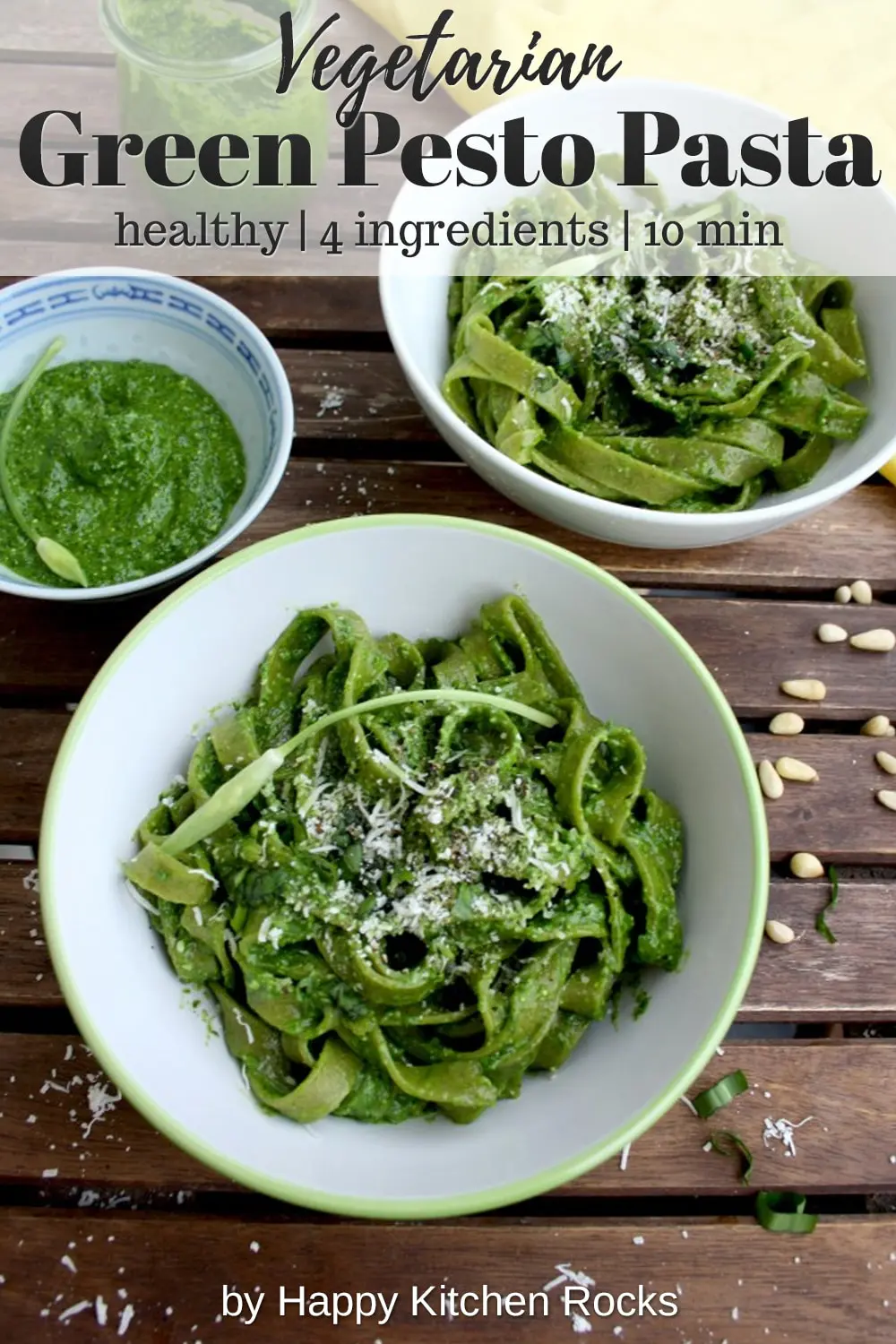Easy Green Pesto Pasta Collage with Text Overlay