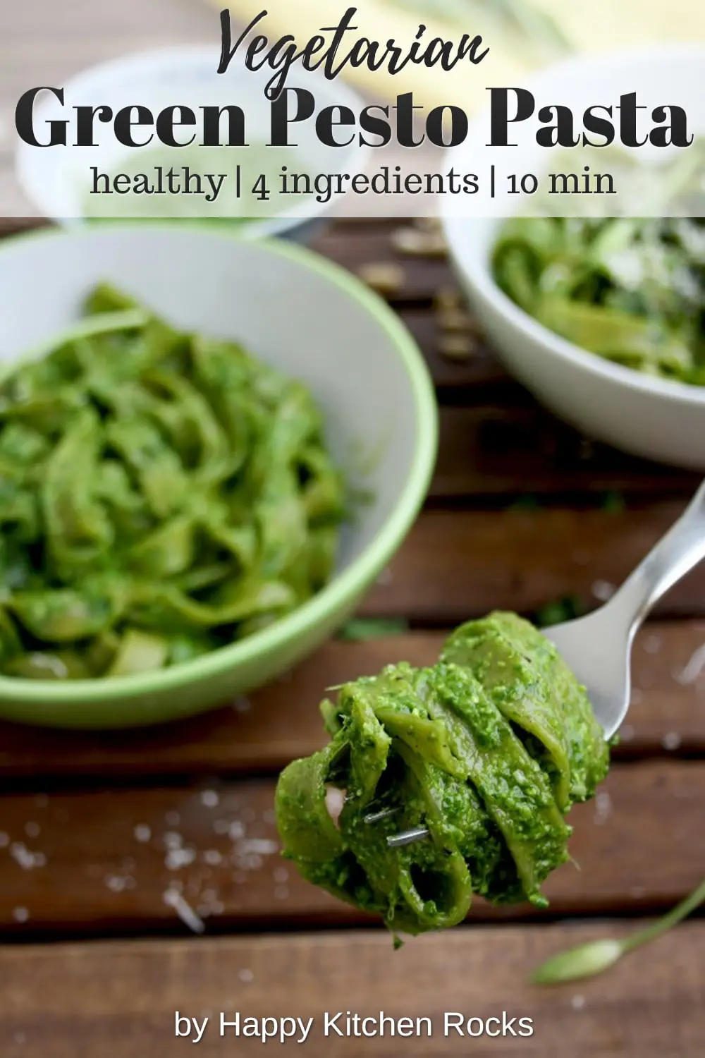 Easy Green Pesto Pasta Fork Collage with Text Overlay