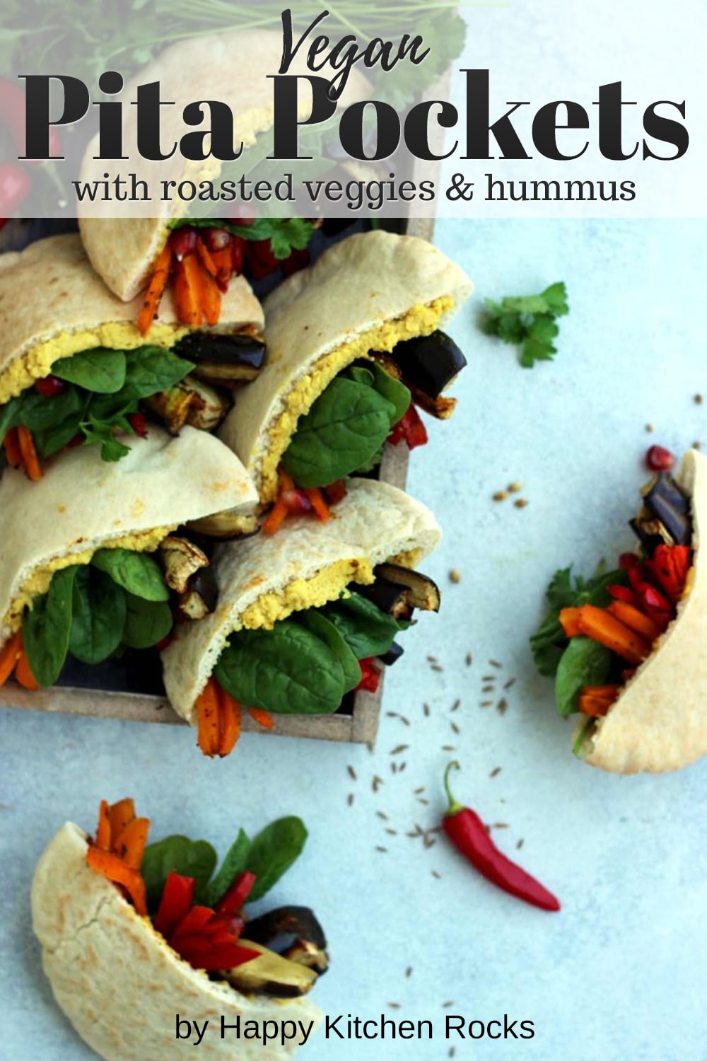 Pita Pockets with Roasted Veggies and Hummus Overhead Collage with Text Overlay