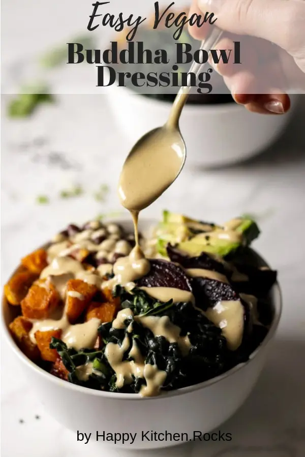Tahini Dressing Being Poured Over a Bowl of Roasted Vegetables Collage with Text Overlay