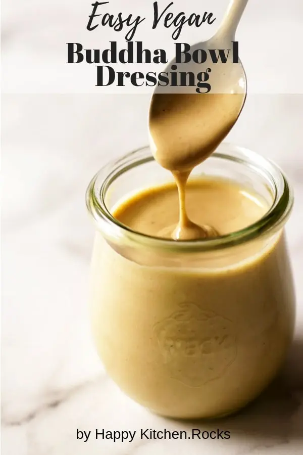 Tahini Dressing Dripping from a Spoon into a Jar Collage with Text Overlay