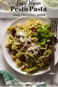 Vegan Pesto Pasta on a Plate Closeup Collage with Text Overlay