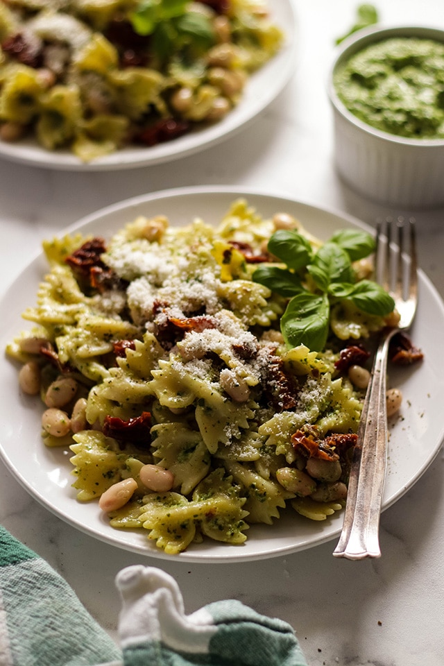 Vegan Pesto Pasta with Beans and Sun-Dried Tomatoes • Happy Kitchen