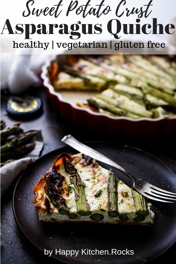 A Slice of Asparagus Quiche with Sweet Potato Crust on a Wooden Plate Next to a Pie Pan Pinterest Collage with Text Overlay