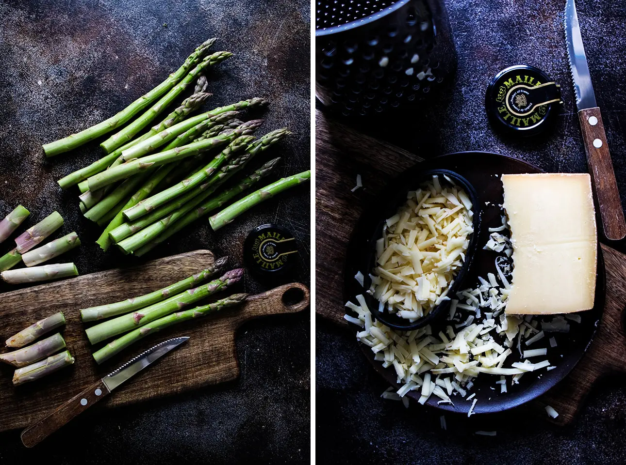 Collage: Asparagus Spears Being Trimmed on a Board Next to Grated Gruyere Cheese