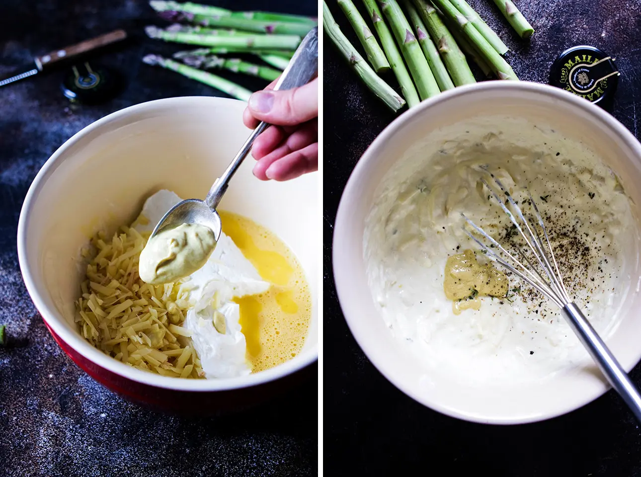 Collage: Mustard Being Added to a Mixing Bowl with Filling for Asparagus Quiche Next to a Bowl of Filling with a Whisk