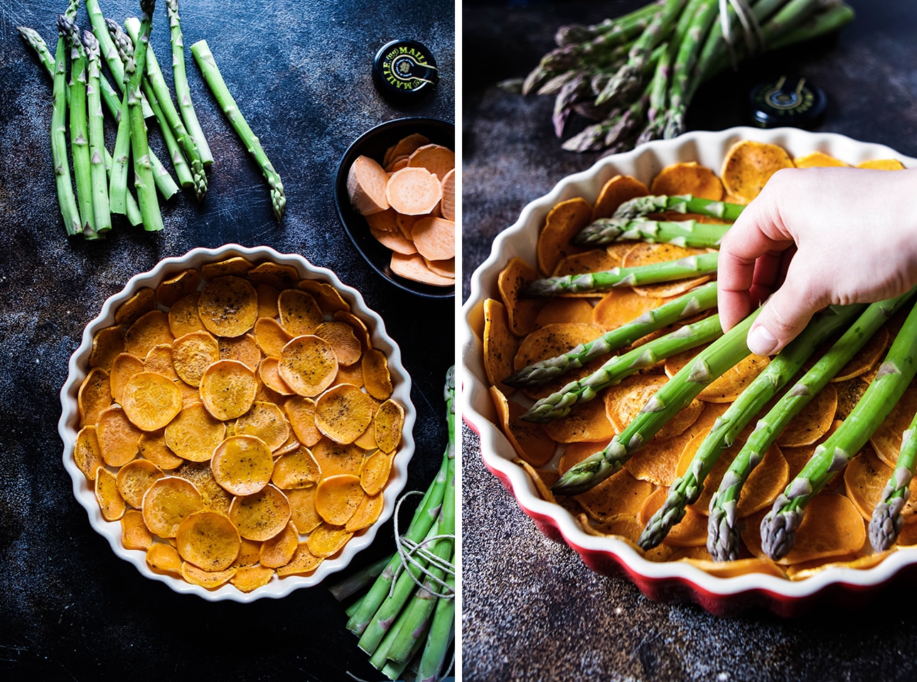 Collage: Sweet Potato Crust in a Pie Pan Next to Asparagus Spears Being Lined Out on the Sweet Potato Crust