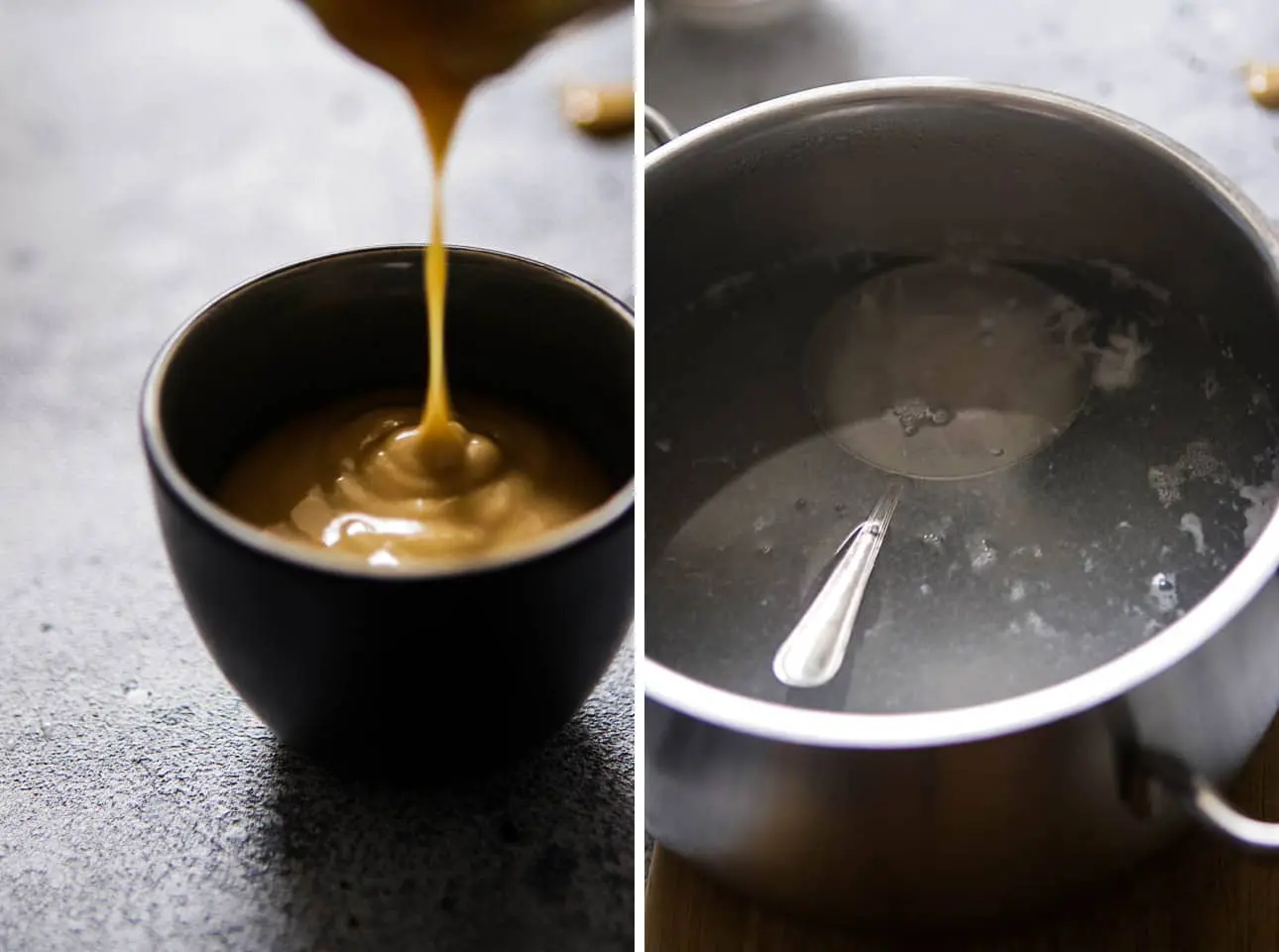 Collage of Peanut Dressing and Poached Egg in a Pot