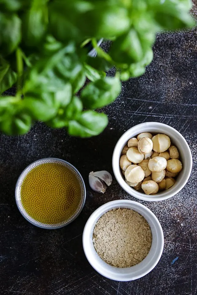 Ingredients for vegan pesto: basil, nutritional yeast, macadamia nuts and olive oil