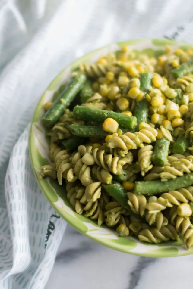 Vegan Pesto Pasta Salad with corn and green bean