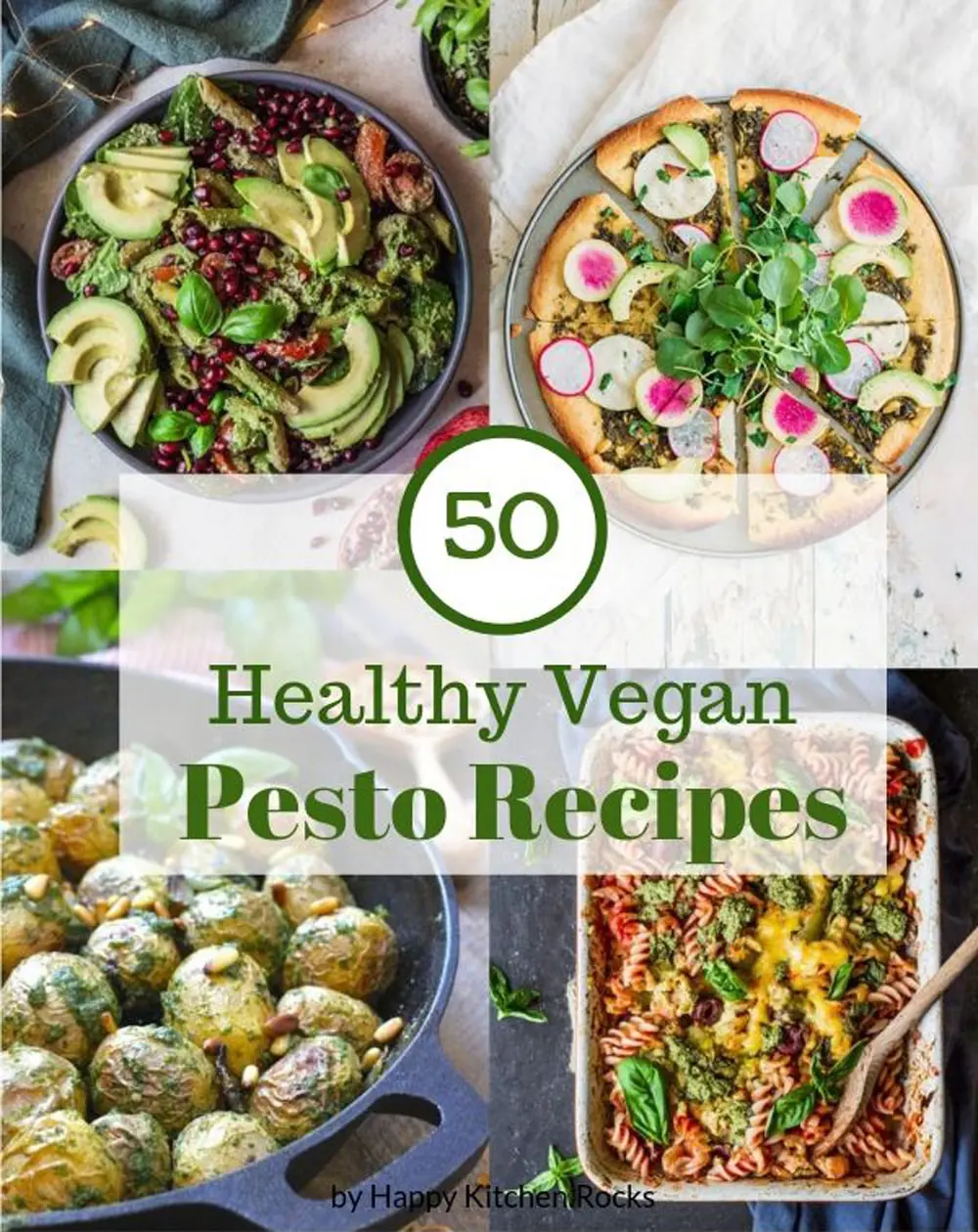 Vegan Recipes with Pesto Pinterest Image with Pesto Pastat Bake, Pesto Pizza, Pesto Potatoes and Salad
