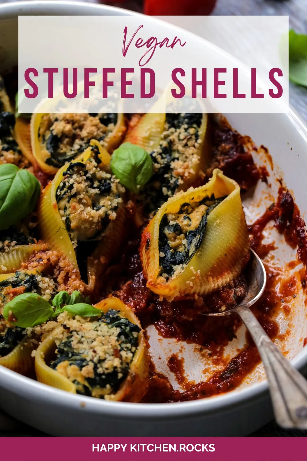 Vegan stuffed shells with spinach and ricotta pinterest pin.