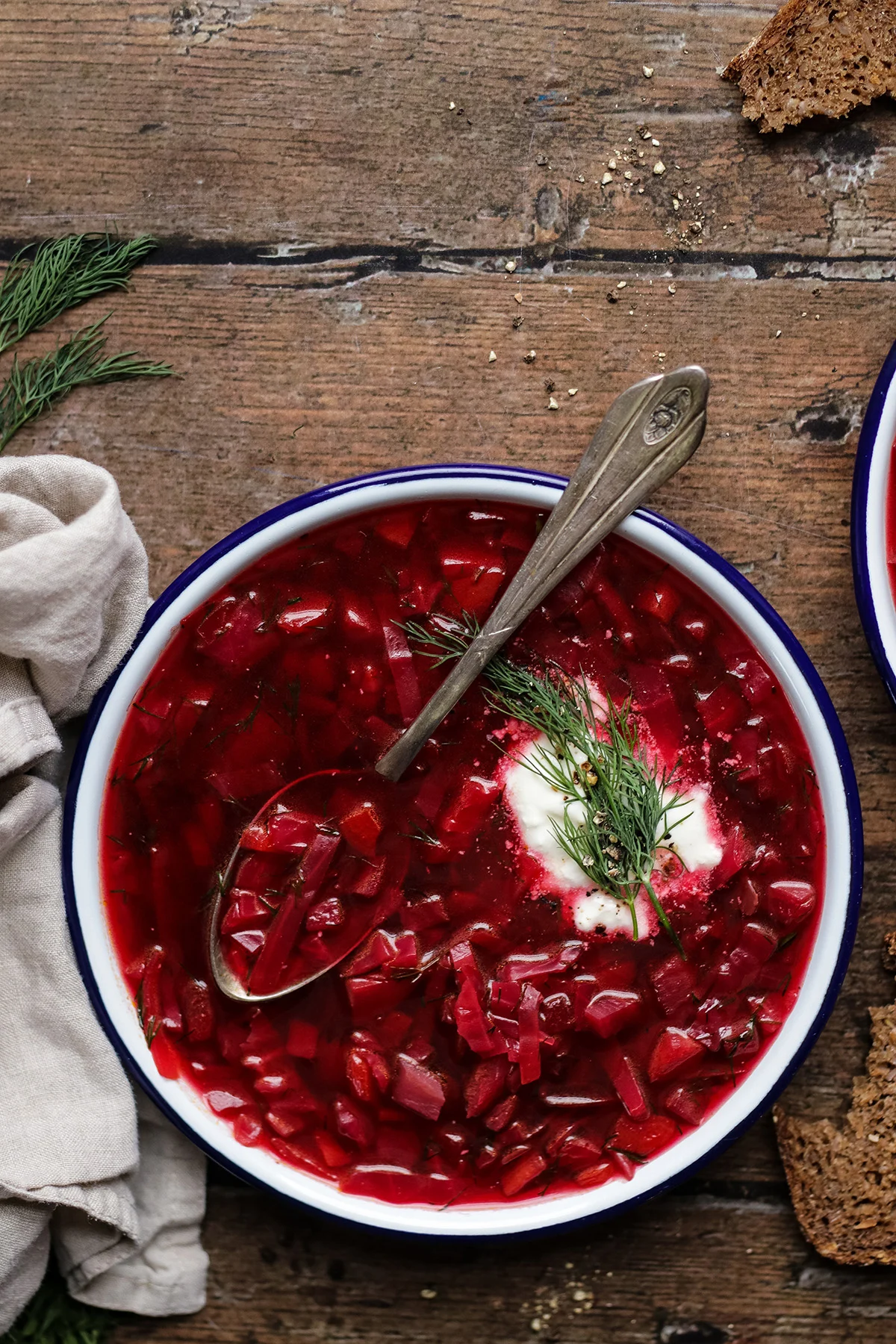 Vegetarian Borscht on a plate with a spoon.