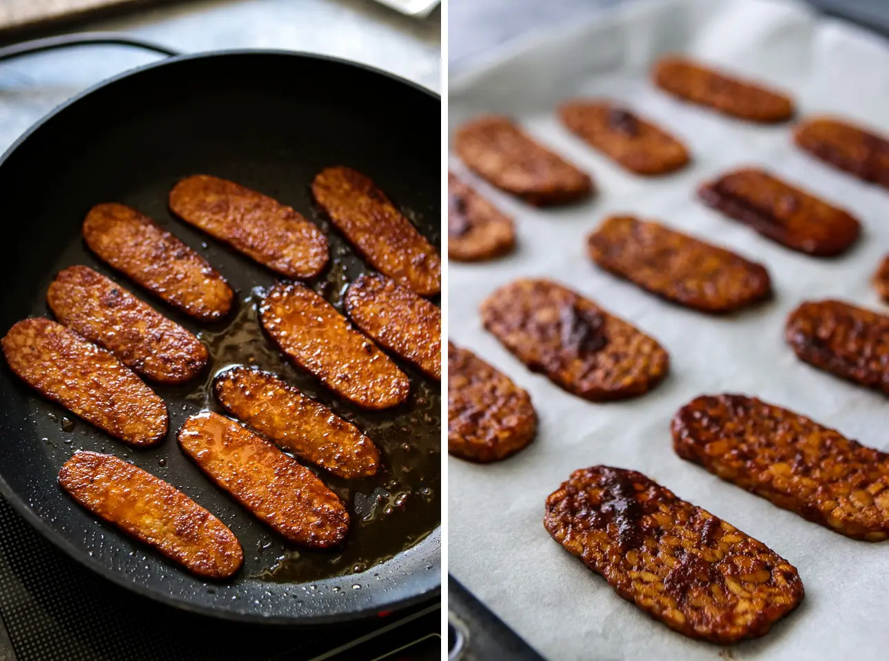 Marinated Tempeh in a Frying Pan and on a Baking Tray