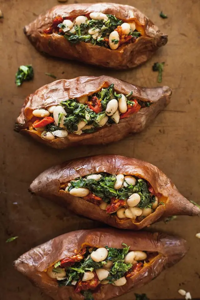 Vegan Stuffed Sweet Potatoes with Spinach and White Beans