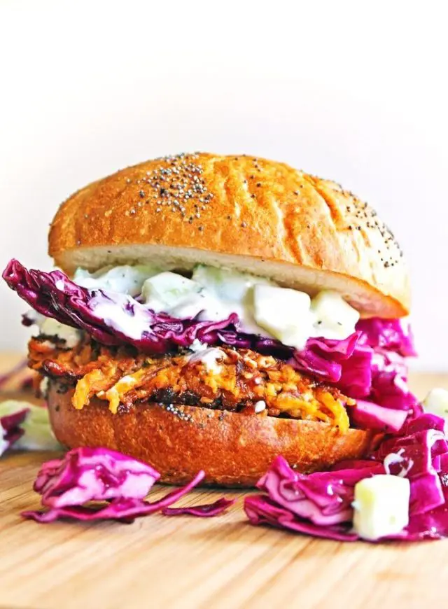 Carrot Tahini Quinoa Veggie Burger With Tzatziki and Purple Slaw
