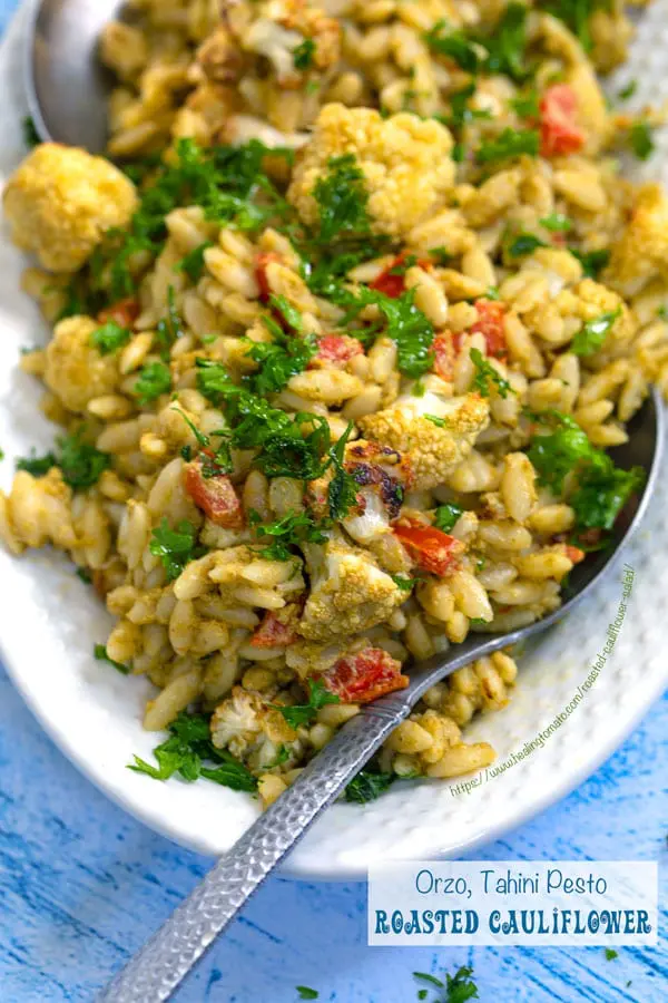 Vegan Roasted Cauliflower Salad with Orzo and Roasted Red Peppers