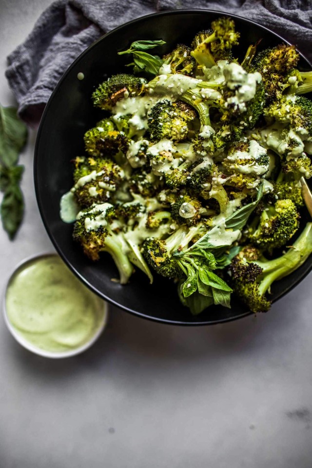Roasted Broccoli with Garlic Basil Tahini Sauce
