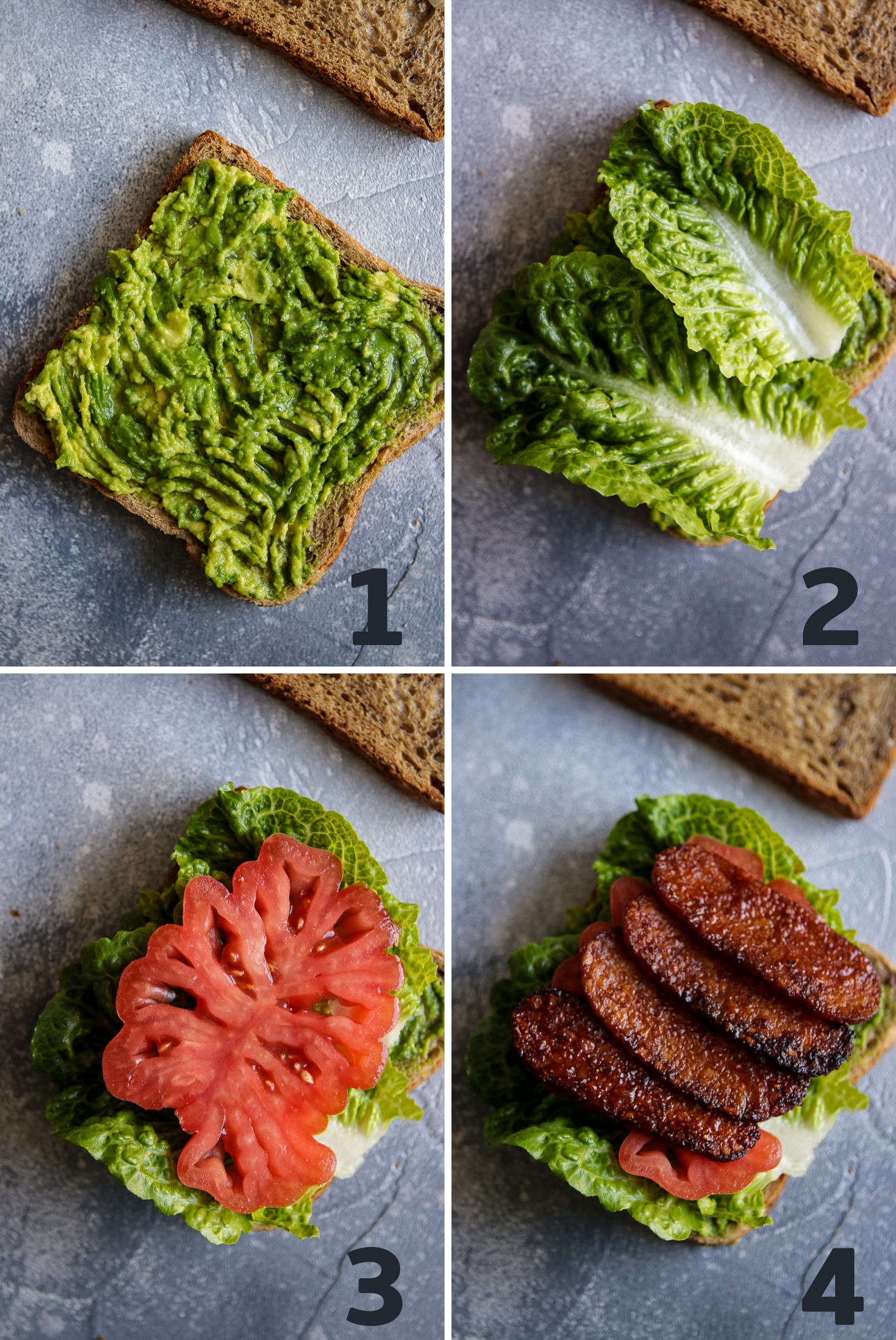 Collage with four steps of Vegan BLT Sandwich preparation