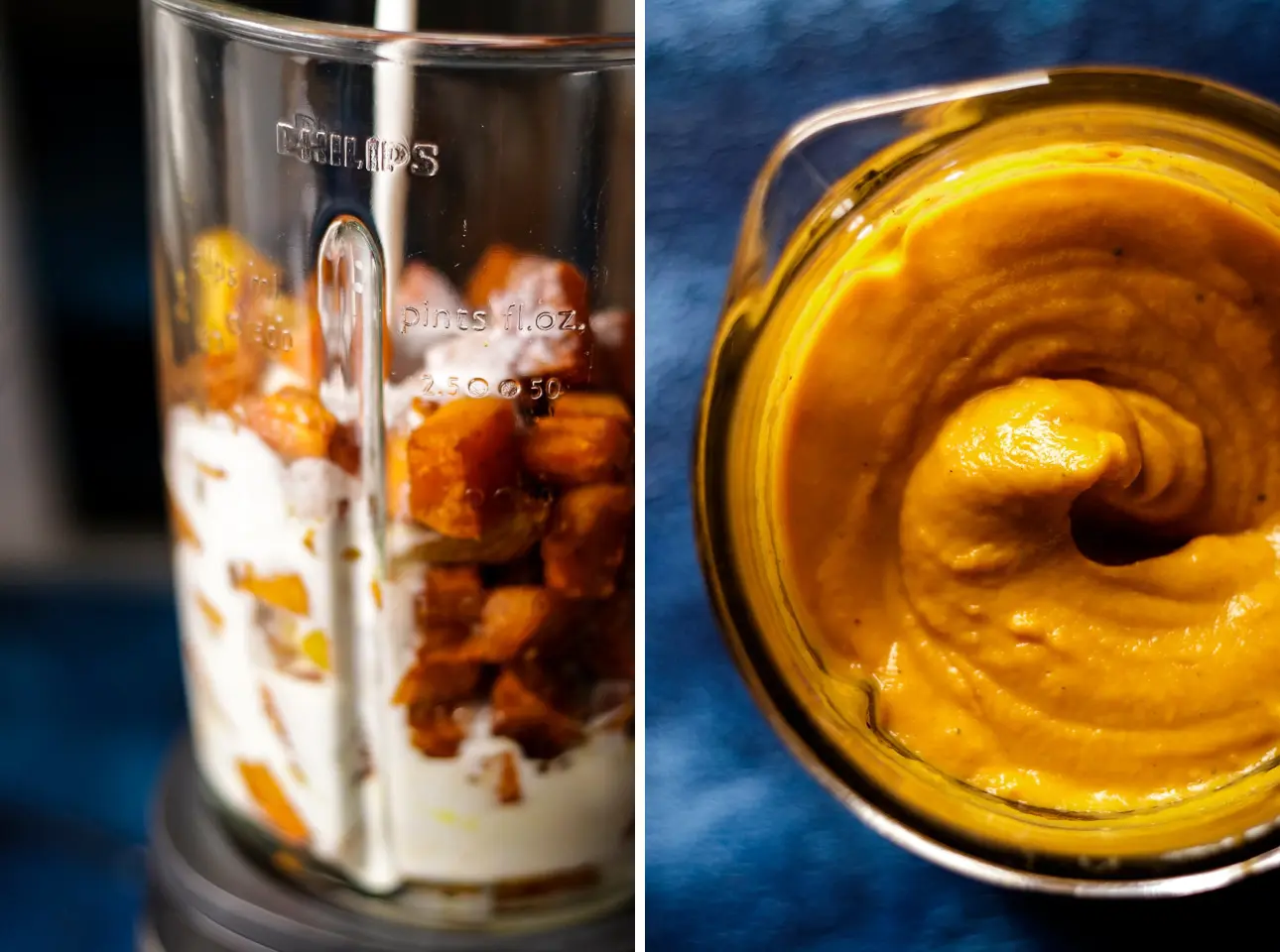 Roasted Sweet Potatoes with Coconut Milk in a Blender Before and After Blending