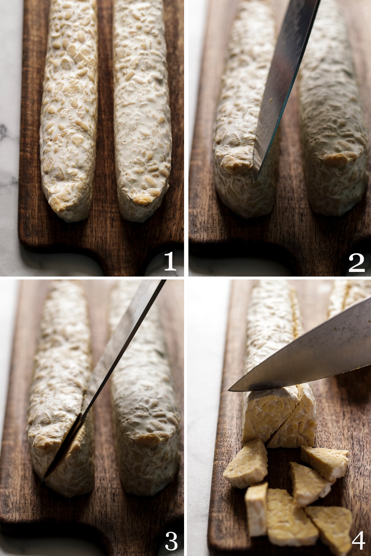 How to Cut Tempeh in Triangles Collage of Four Pictures