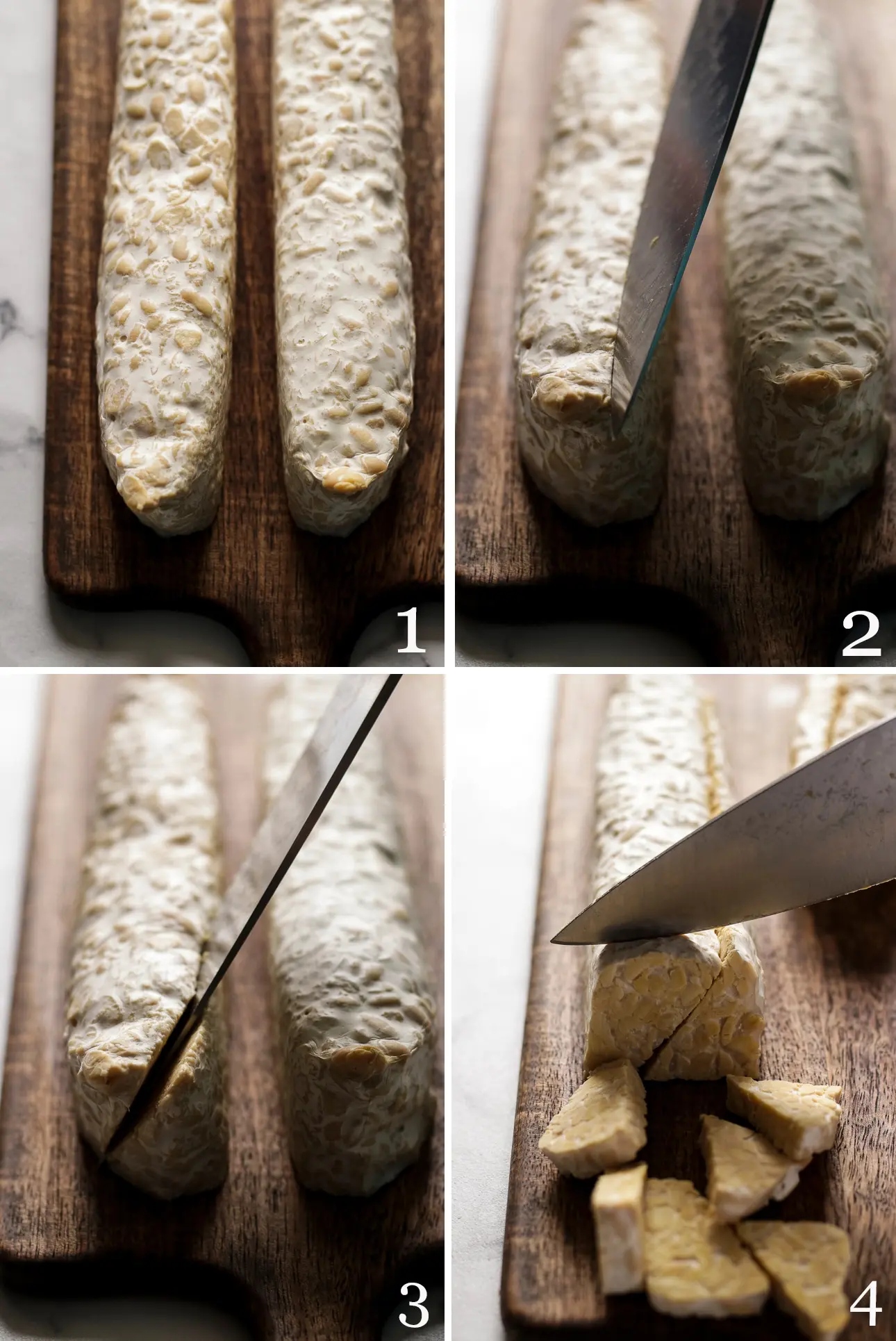 How to Cut Tempeh in Triangles Collage of Four Pictures