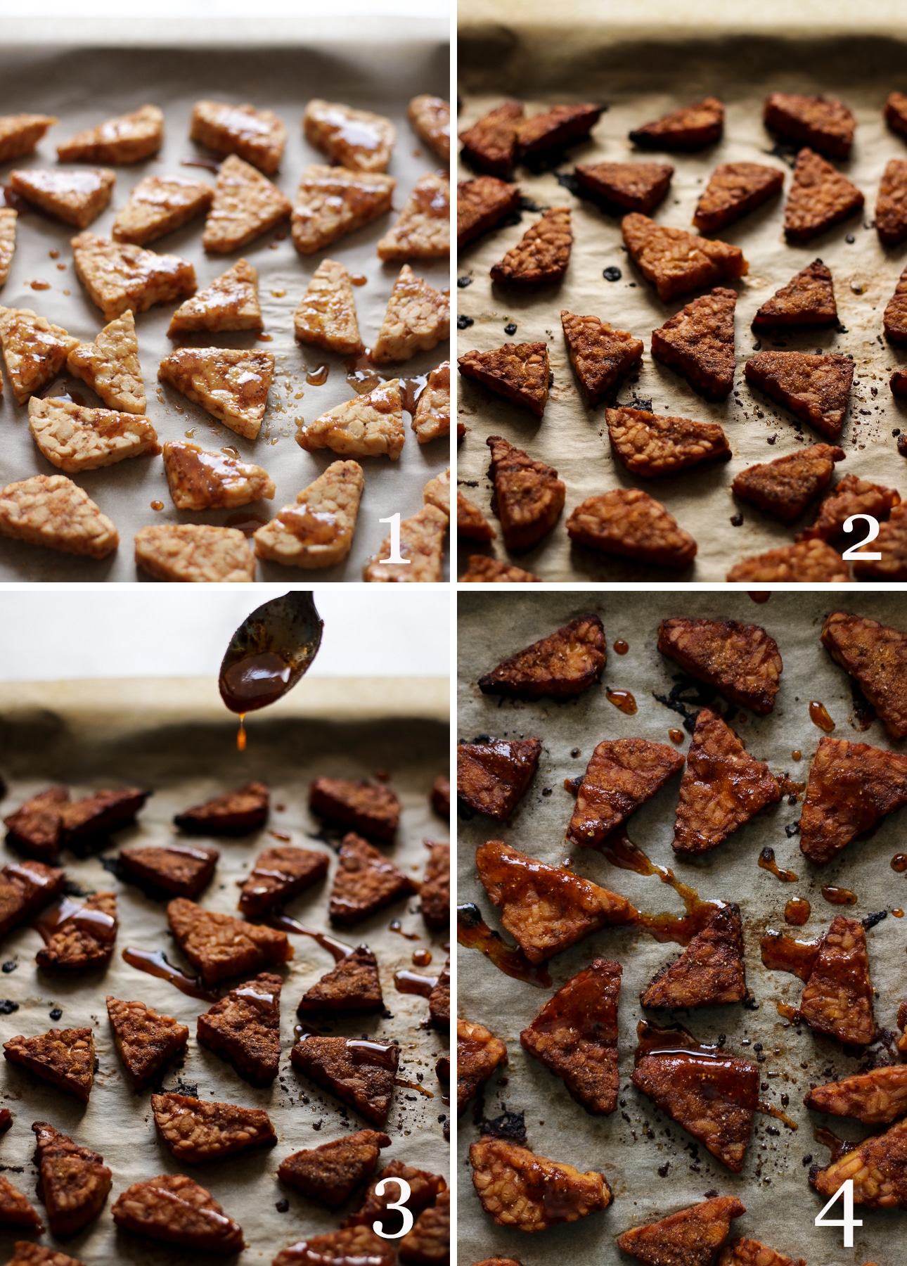 Marinated Tempeh on a Baking Sheet Collage of Four Images