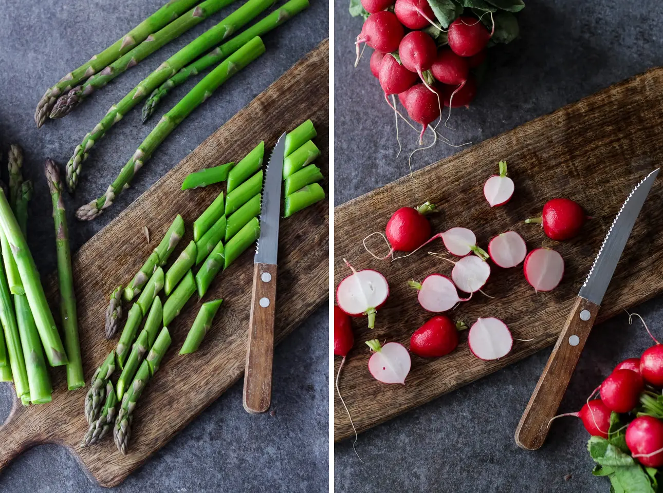 Cutting Asparagus and Radishes on a Wooden Board
