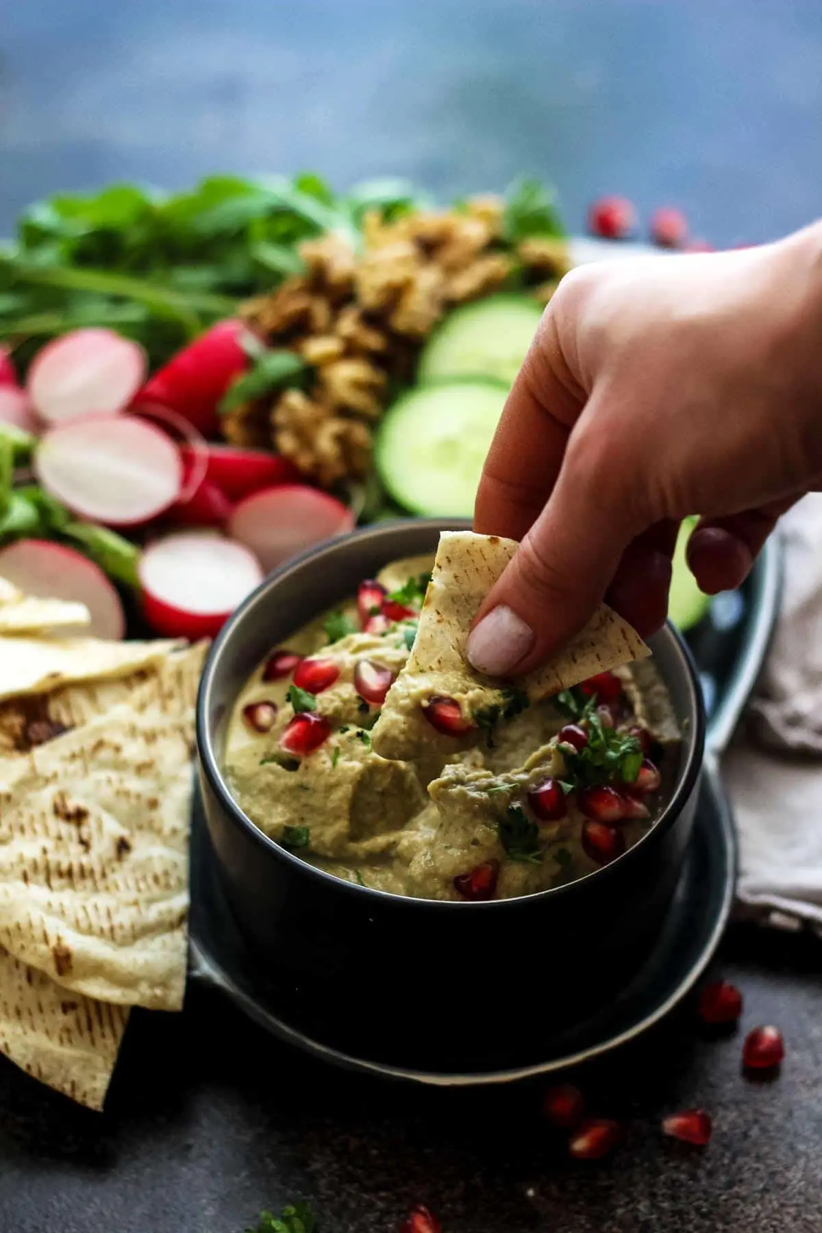 Dipping Pita Chips in an Eggplant Dip