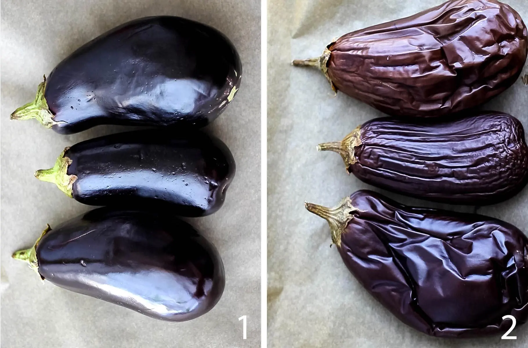 Three eggplants before roasting and three eggplants after roasting