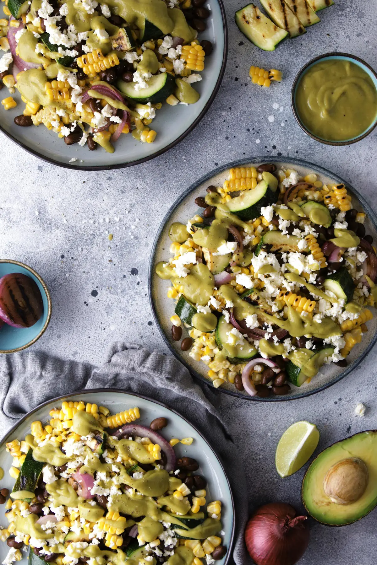Grilled Zucchini Corn Salad with Avocado Dressing