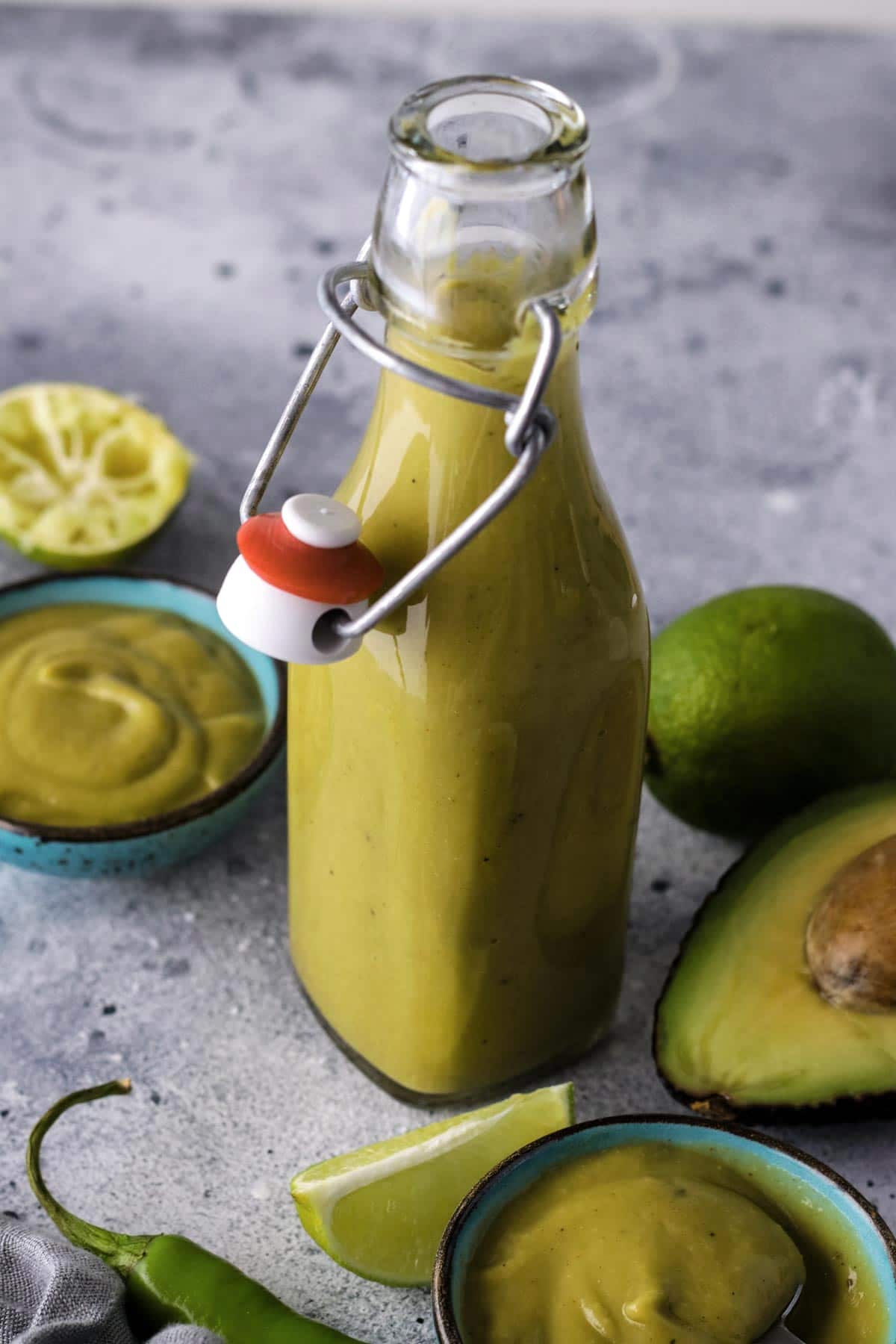Vegan Avocado Dressing in a Glass Bottle