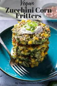 A stalk of vegan zucchini corn fritters Pinterest Image.