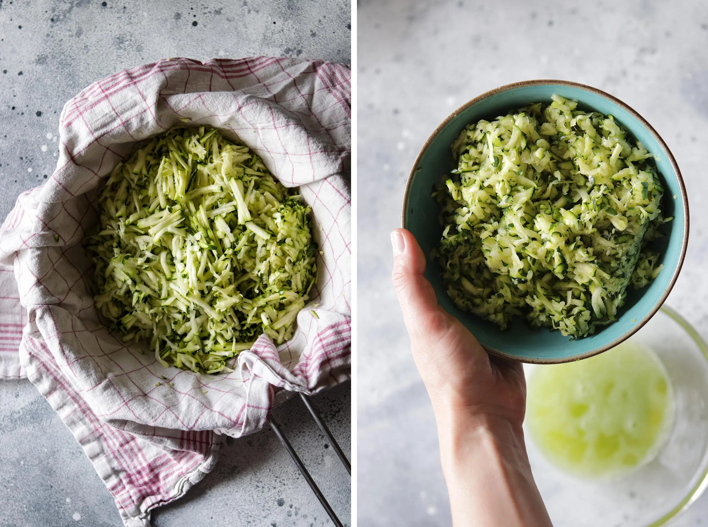 Grated Zucchini Before and After Squeezing
