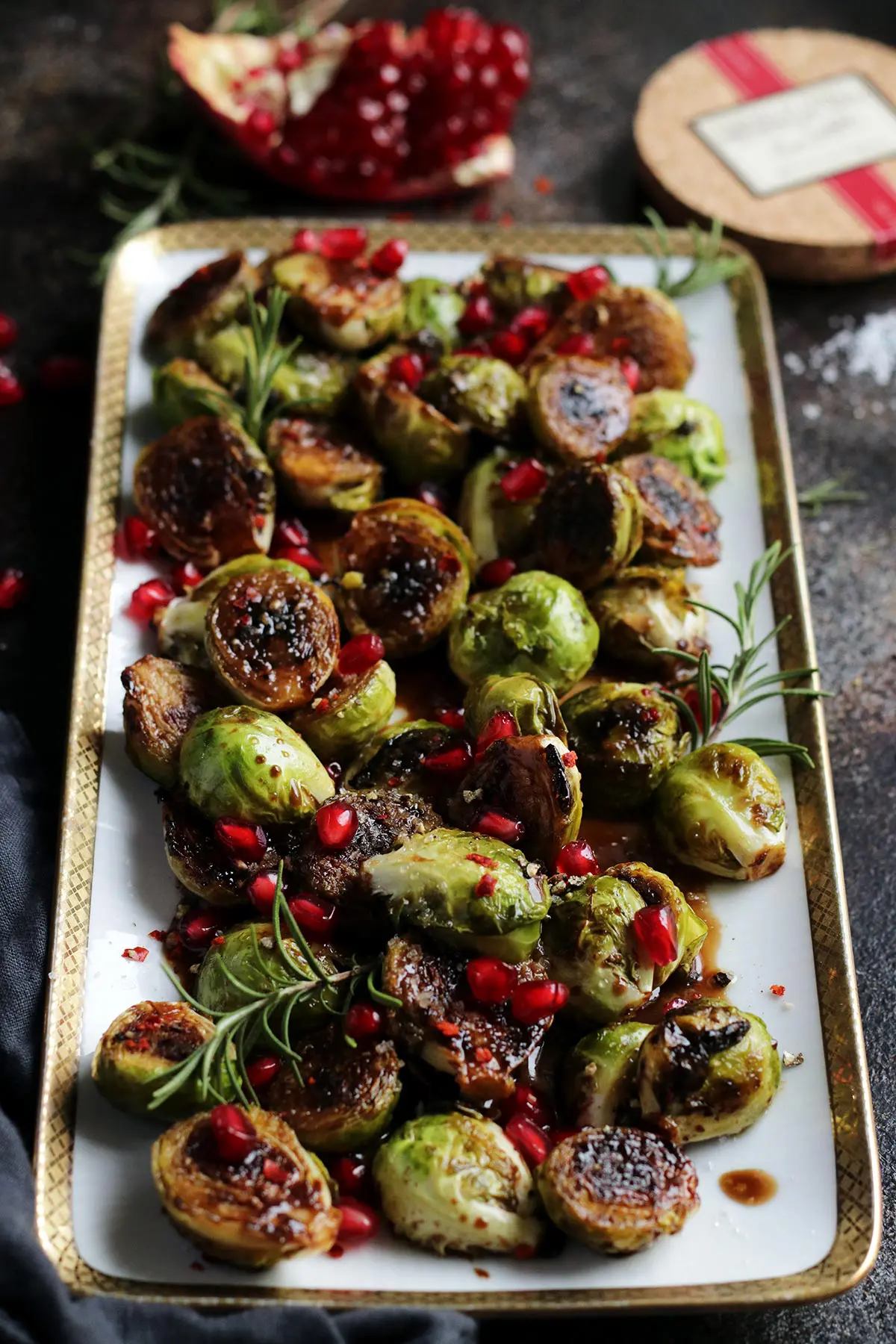 A Serving Dish with Brussels Sprouts.