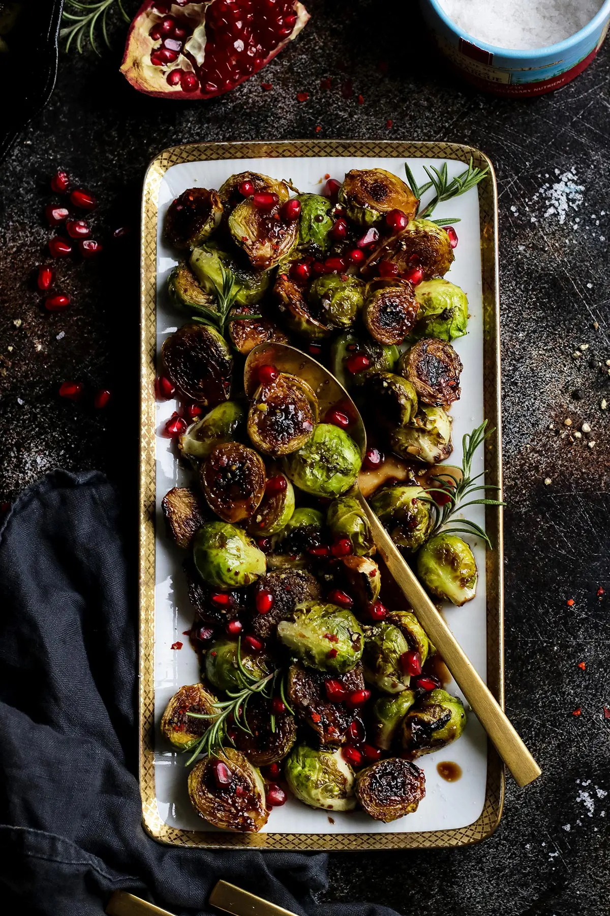Balsamic Glazed Brussels Sprouts in a Rectangular Serving Dish.