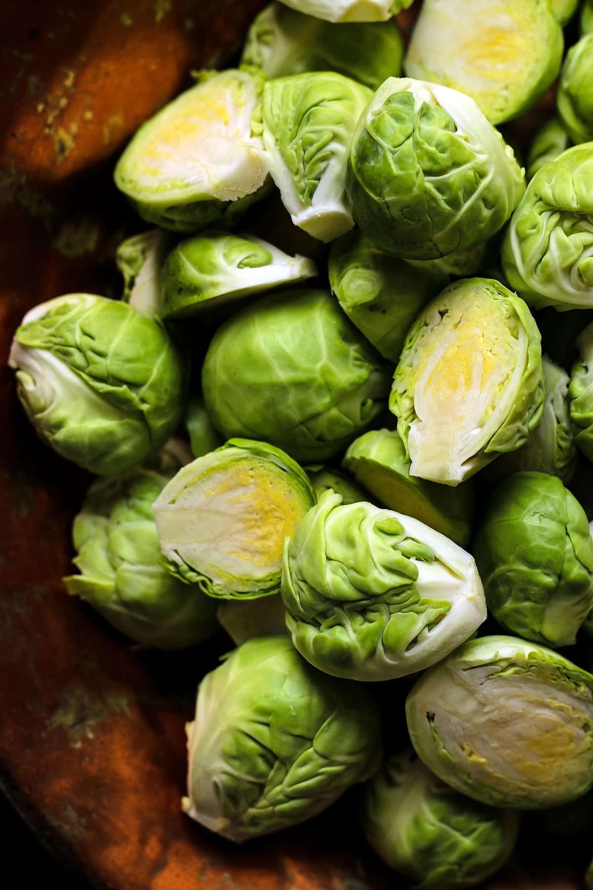 Closeup Shot of Brussels Sprouts Cut in Halves.