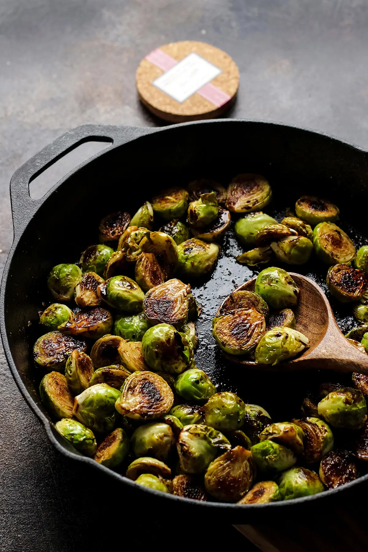 Glazed Brussels Sprouts in a Cast Iron Skillet.