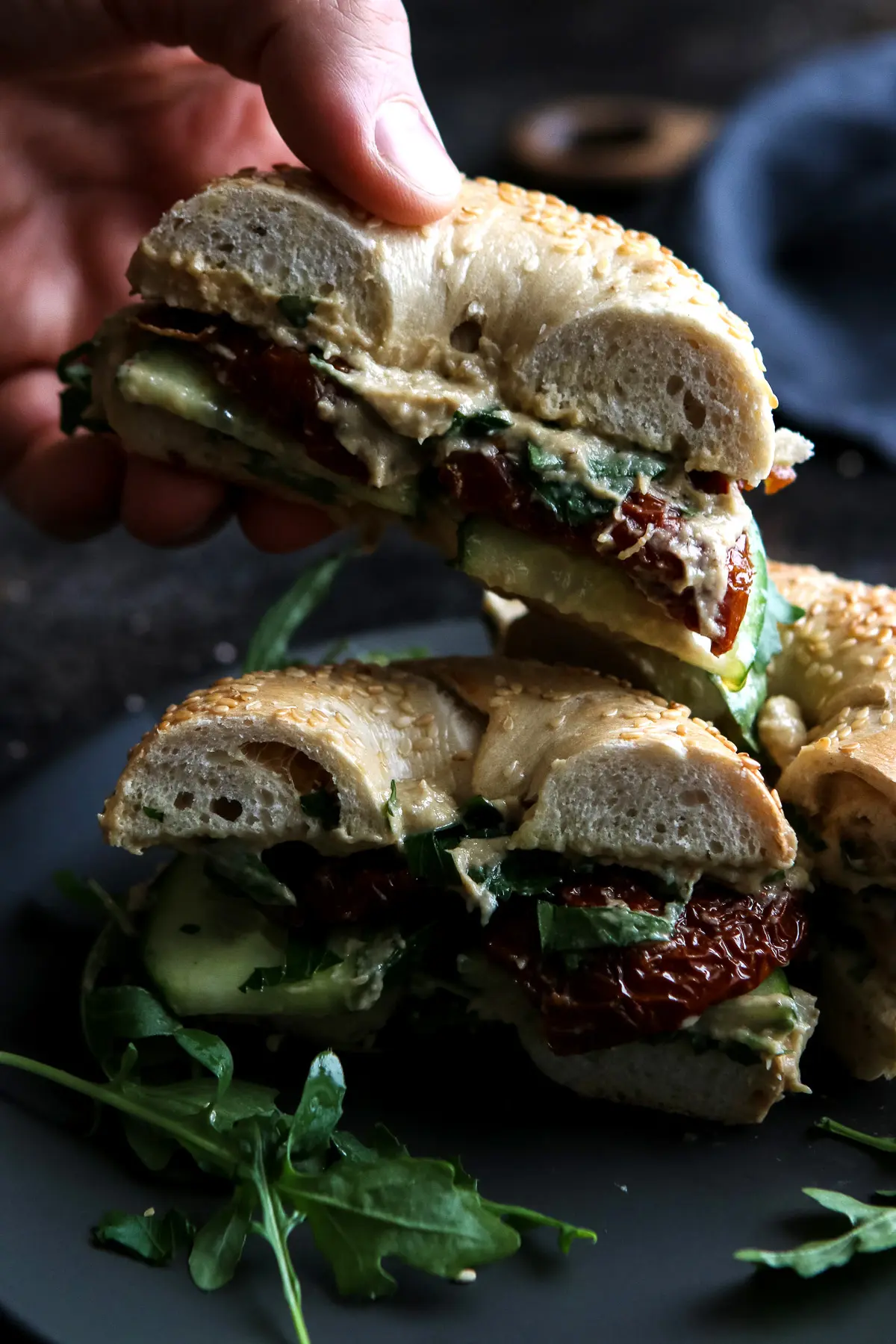 Vegan Bagel Sandwich Cut in Halves.