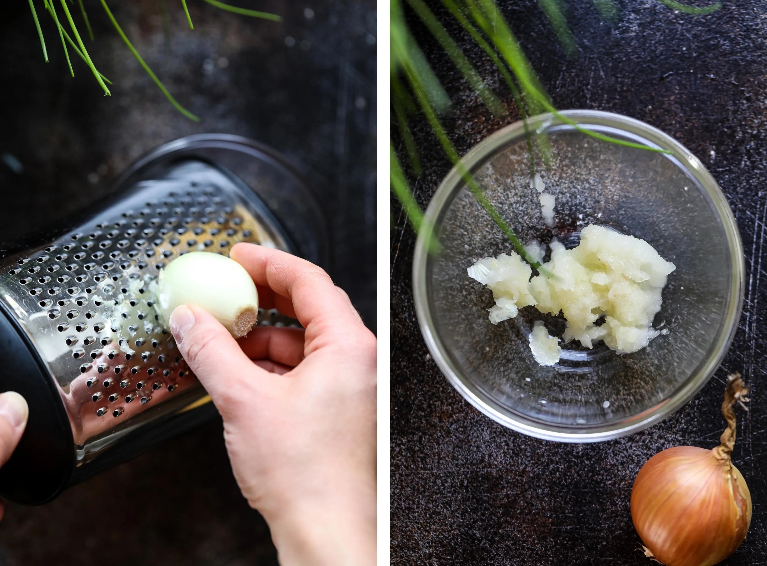 Grating onion for potato pancakes.