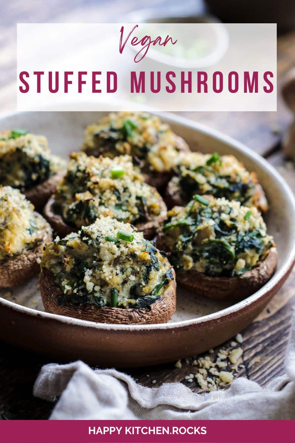 Vegan Stuffed Mushrooms on a Plate Pinterest Image.