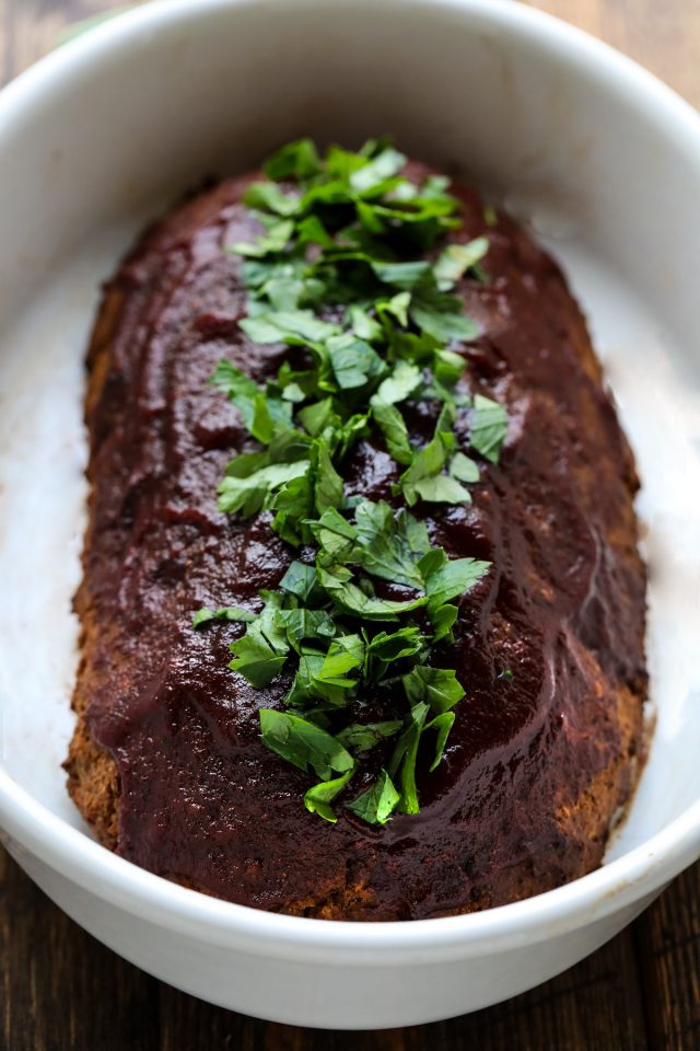 Vegan meatloaf in a baking dish.