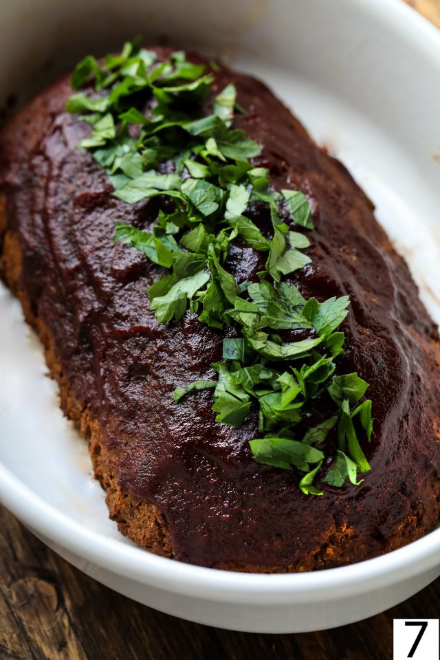 Vegetarian loaf garnished with parsley.