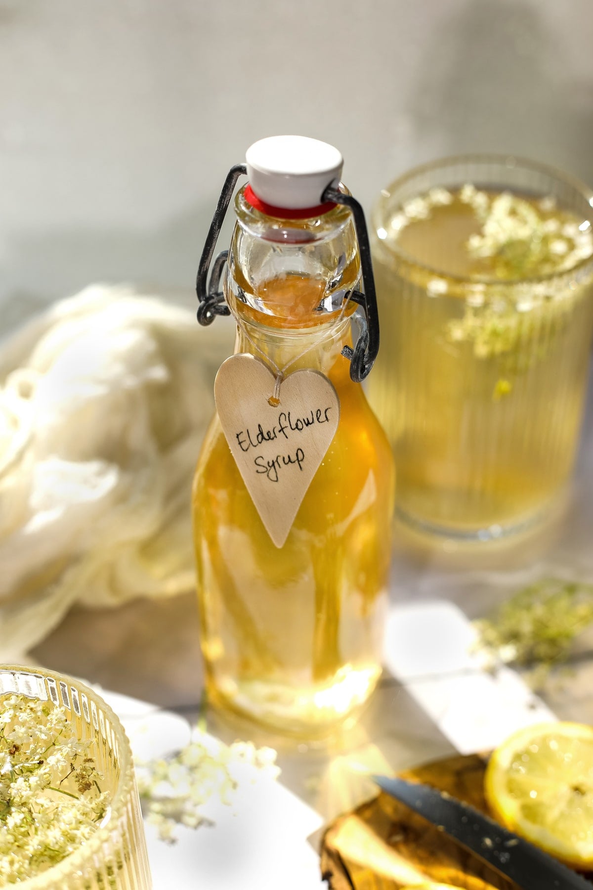 Elderflower syrup in a bottle.